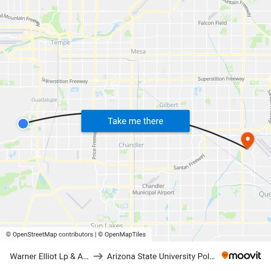 Warner Elliot Lp & Ahwatukee Dr to Arizona State University Polytechnic campus map