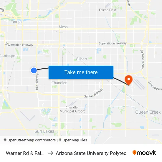Warner Rd & Fairfield Dr to Arizona State University Polytechnic campus map