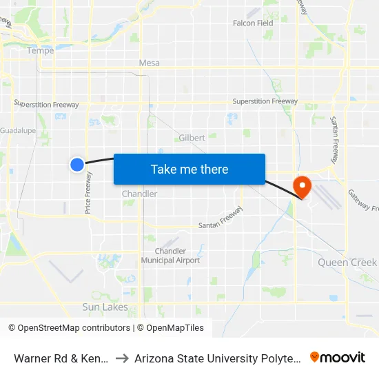 Warner Rd & Kenwood Ln to Arizona State University Polytechnic campus map