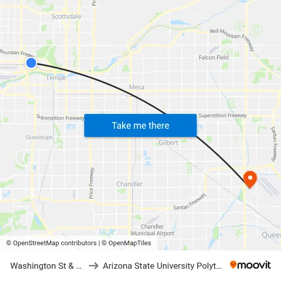 Washington St & 5025 East to Arizona State University Polytechnic campus map
