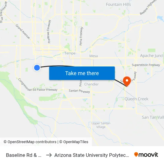 Baseline Rd & 15th Av to Arizona State University Polytechnic campus map