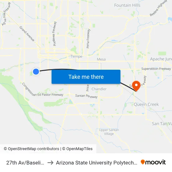 27th Av/Baseline Pnr to Arizona State University Polytechnic campus map