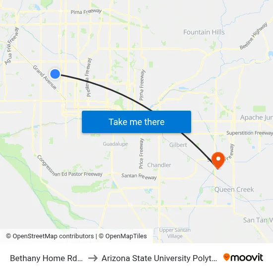Bethany Home Rd & 33rd Av to Arizona State University Polytechnic campus map
