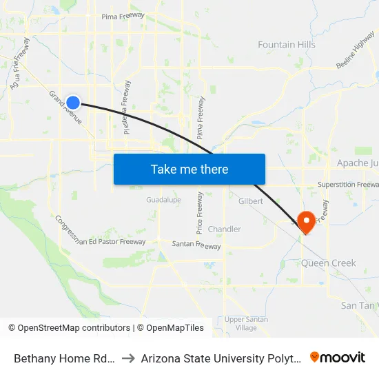 Bethany Home Rd & 39th Av to Arizona State University Polytechnic campus map
