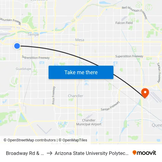 Broadway Rd & 48th St to Arizona State University Polytechnic campus map