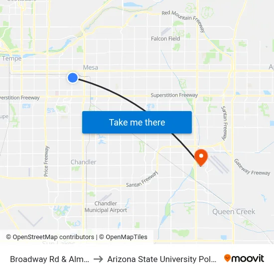 Broadway Rd & Alma School Rd to Arizona State University Polytechnic campus map