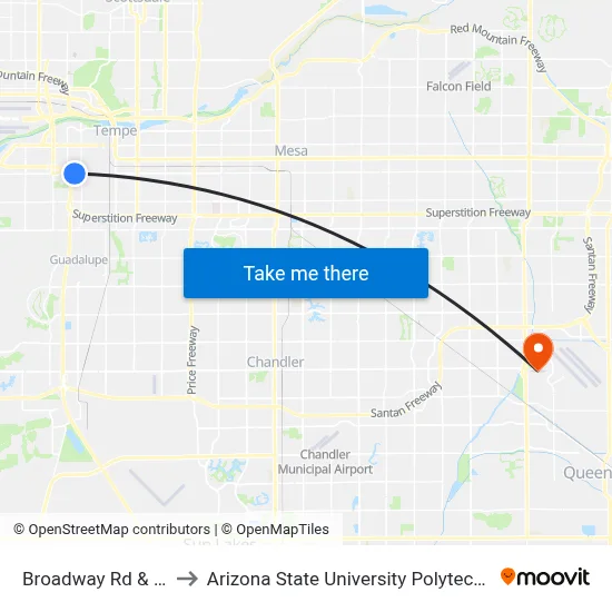 Broadway Rd & 55th St to Arizona State University Polytechnic campus map