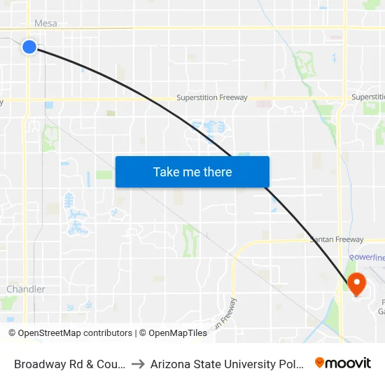 Broadway Rd & Country Club Dr to Arizona State University Polytechnic campus map