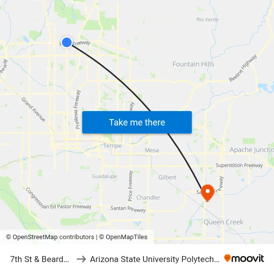 7th St & Beardsley Rd to Arizona State University Polytechnic campus map