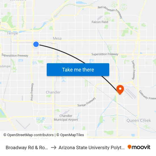 Broadway Rd & Roosevelt Rd to Arizona State University Polytechnic campus map