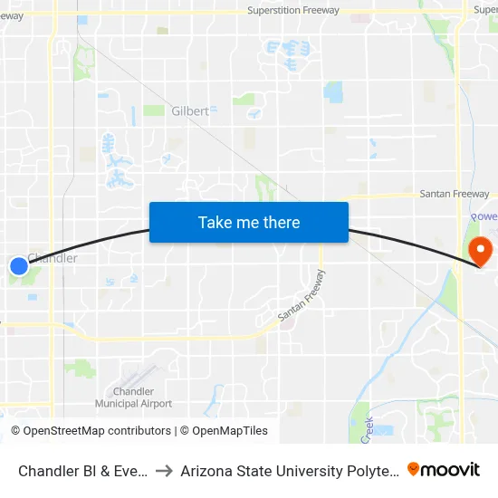 Chandler Bl & Evergreen St to Arizona State University Polytechnic campus map