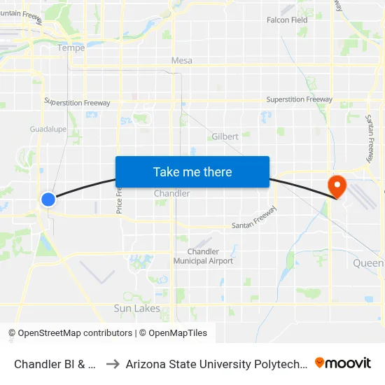 Chandler Bl & 56th St to Arizona State University Polytechnic campus map