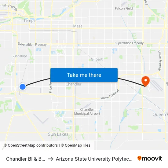 Chandler Bl & Beck Av to Arizona State University Polytechnic campus map