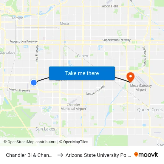 Chandler Bl & Chandler Village Dr to Arizona State University Polytechnic campus map