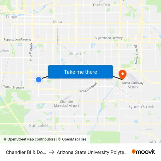 Chandler Bl & Dobson Rd to Arizona State University Polytechnic campus map