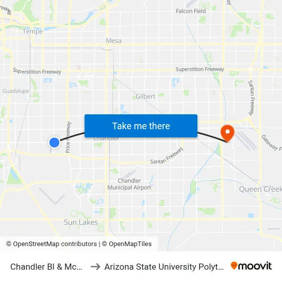 Chandler Bl & Mcclintock Dr to Arizona State University Polytechnic campus map
