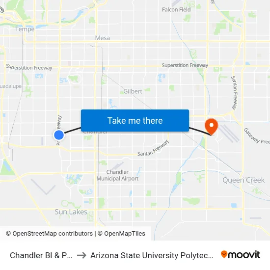 Chandler Bl & Price Rd to Arizona State University Polytechnic campus map