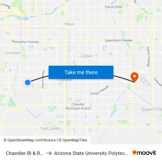 Chandler Bl & Rural Rd to Arizona State University Polytechnic campus map