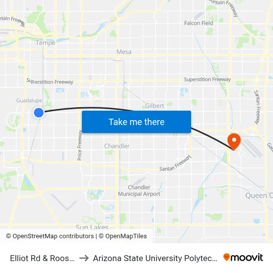 Elliot Rd & Roosevelt St to Arizona State University Polytechnic campus map