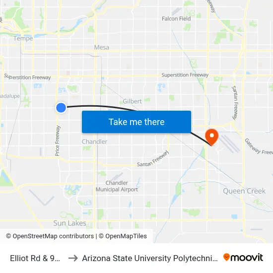 Elliot Rd & 91st St to Arizona State University Polytechnic campus map