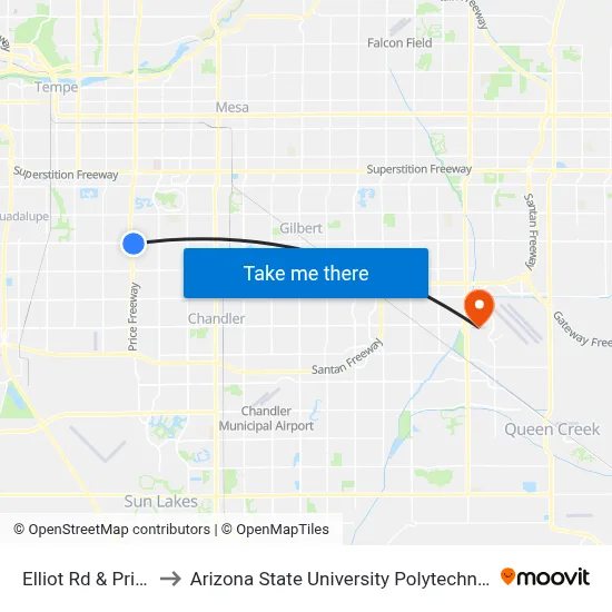 Elliot Rd & Price Rd to Arizona State University Polytechnic campus map