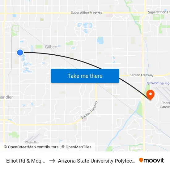 Elliot Rd & Mcqueen Rd to Arizona State University Polytechnic campus map
