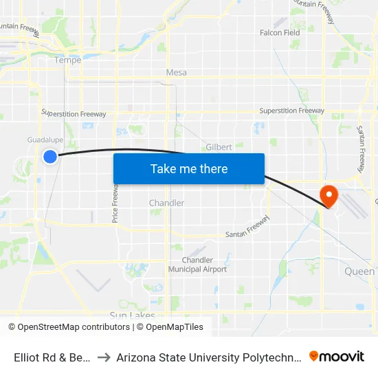 Elliot Rd & Beck Av to Arizona State University Polytechnic campus map