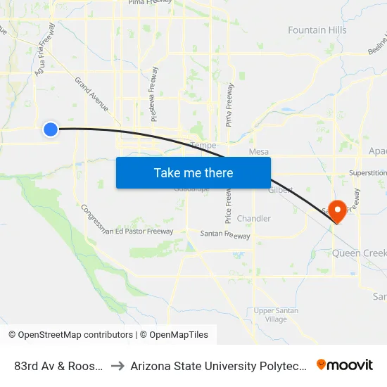 83rd Av & Roosevelt St to Arizona State University Polytechnic campus map