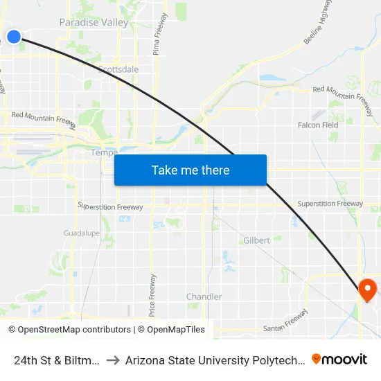 24th St & Biltmore Cir to Arizona State University Polytechnic campus map
