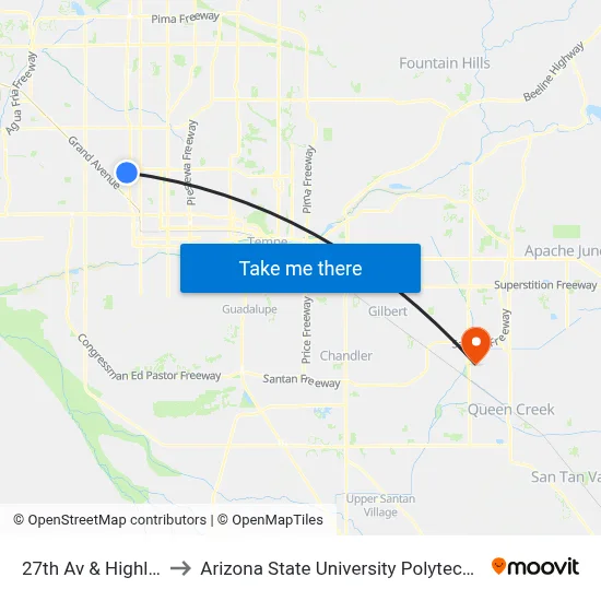 27th Av & Highland Av to Arizona State University Polytechnic campus map
