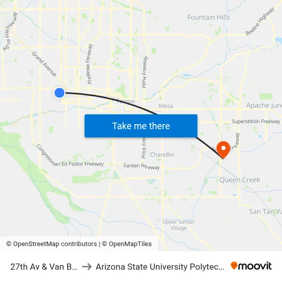 27th Av & Van Buren St to Arizona State University Polytechnic campus map