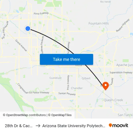 28th Dr & Cactus Rd to Arizona State University Polytechnic campus map