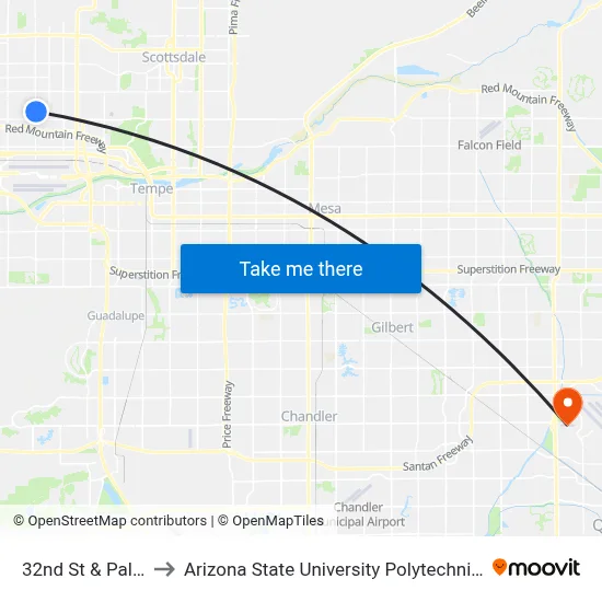 32nd St & Palm Ln to Arizona State University Polytechnic campus map