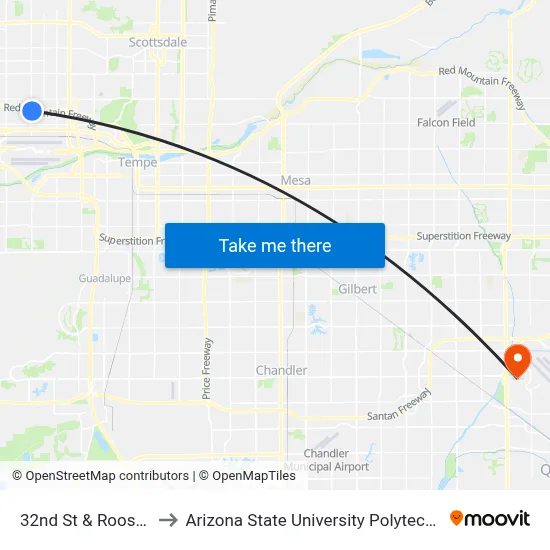 32nd St & Roosevelt St to Arizona State University Polytechnic campus map