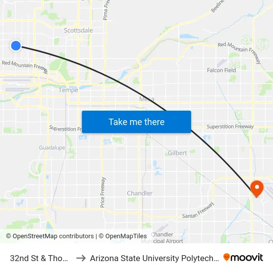 32nd St & Thomas Rd to Arizona State University Polytechnic campus map