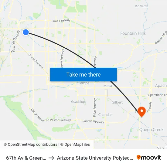67th Av & Greenway Rd to Arizona State University Polytechnic campus map