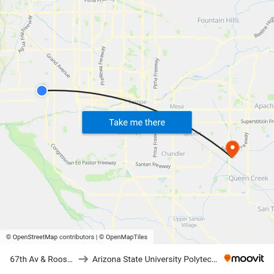 67th Av & Roosevelt St to Arizona State University Polytechnic campus map