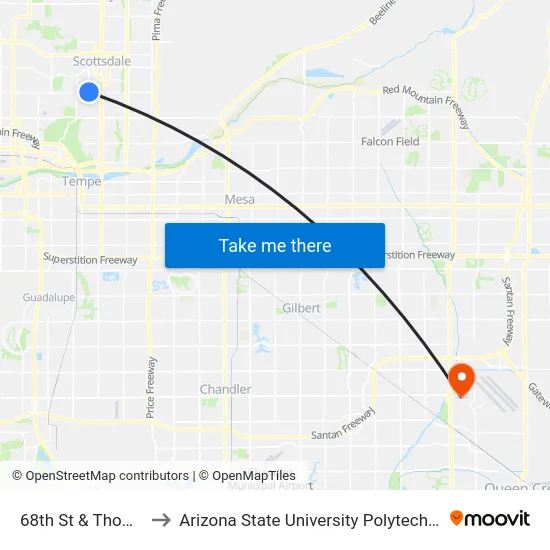 68th St & Thomas Rd to Arizona State University Polytechnic campus map