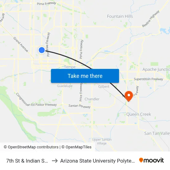 7th St & Indian School Rd to Arizona State University Polytechnic campus map
