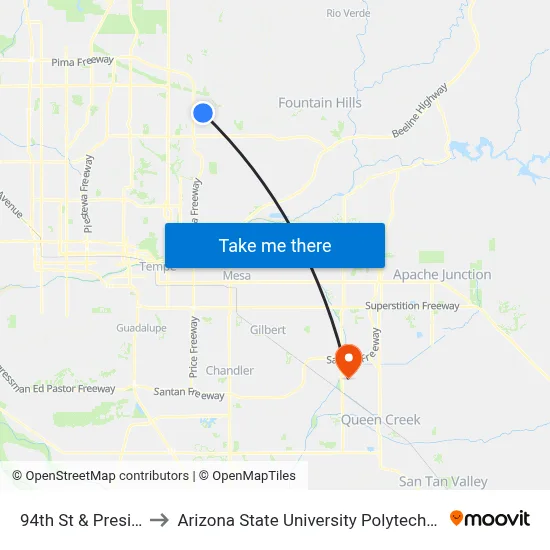 94th St & Presidio Dr to Arizona State University Polytechnic campus map
