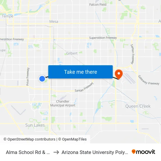 Alma School Rd & Chandler Bl to Arizona State University Polytechnic campus map