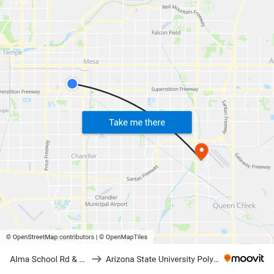Alma School Rd & Southern Av to Arizona State University Polytechnic campus map
