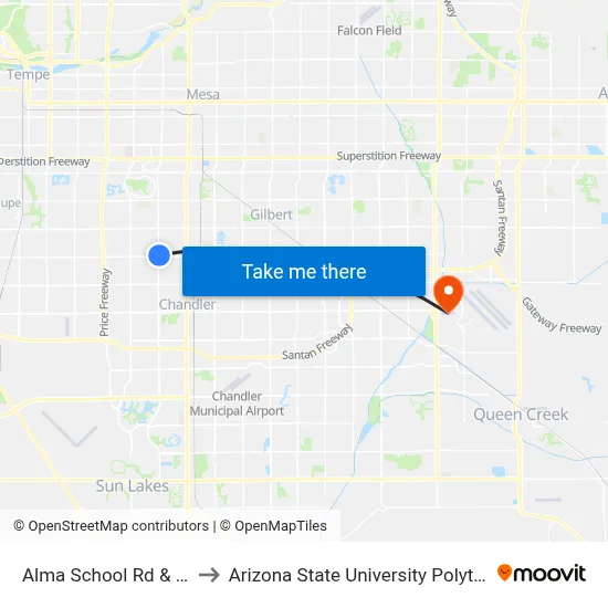 Alma School Rd & Warner Rd to Arizona State University Polytechnic campus map