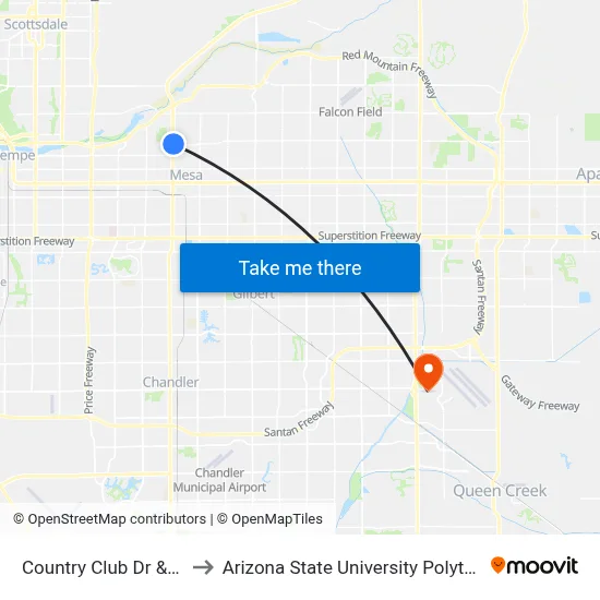 Country Club Dr & Brown Rd to Arizona State University Polytechnic campus map
