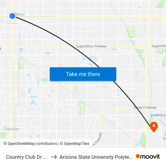 Country Club Dr & Main St to Arizona State University Polytechnic campus map