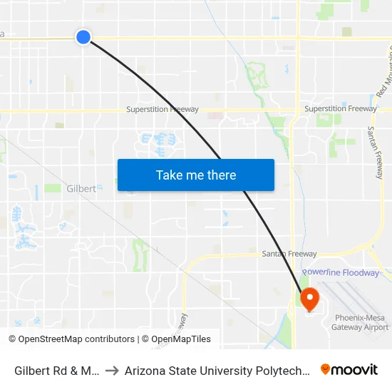 Gilbert Rd & Main St to Arizona State University Polytechnic campus map