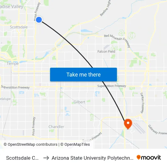 Scottsdale Cc East to Arizona State University Polytechnic campus map