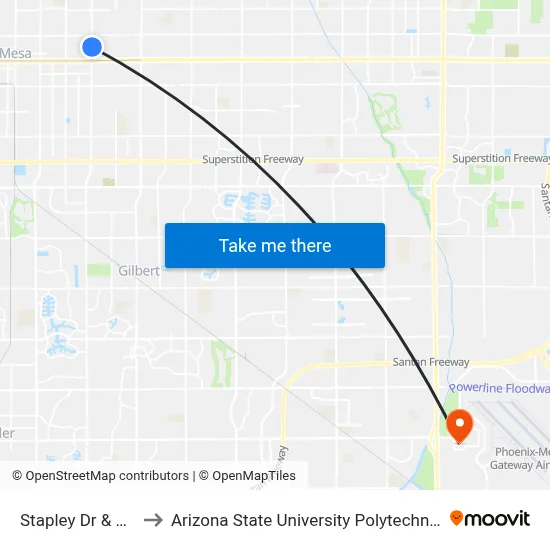 Stapley Dr & 2nd St to Arizona State University Polytechnic campus map