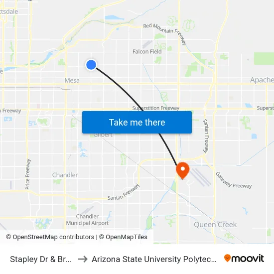 Stapley Dr & Brown Rd to Arizona State University Polytechnic campus map