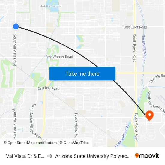 Val Vista Dr & Elliot Rd to Arizona State University Polytechnic campus map
